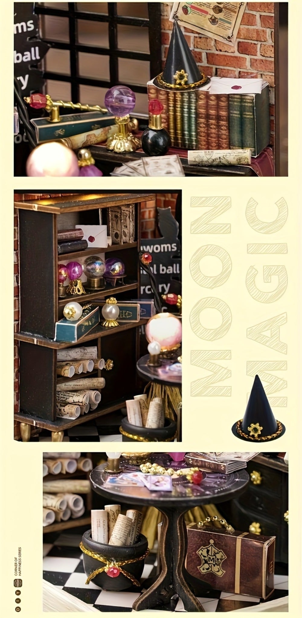 DIY Wooden Tiny House Kit with Dust Cover, Handmade Miniature Dollhouse Puzzle, 3 Themes Afternoon Tea Rotating Food House Moon Magic