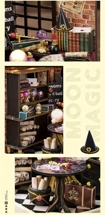 DIY Wooden Tiny House Kit with Dust Cover, Handmade Miniature Dollhouse Puzzle, 3 Themes Afternoon Tea Rotating Food House Moon Magic
