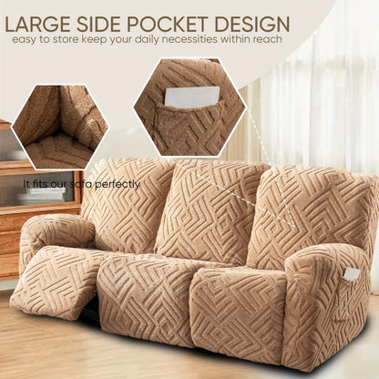 Sofa Cover Three-Seat Jacquard Knit Slipcover with Side Pocket, Elastane Stretch and Seven Solid Colors