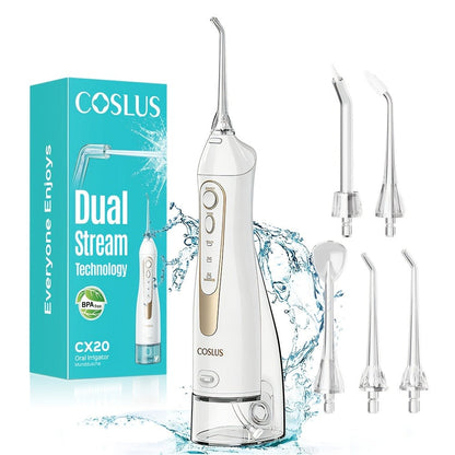 Water Flosser COSLUS CX20 Cordless Oral Irrigator with 300ml Detachable Tank, Five Tips, Rotating Nozzle and Gold Accents
