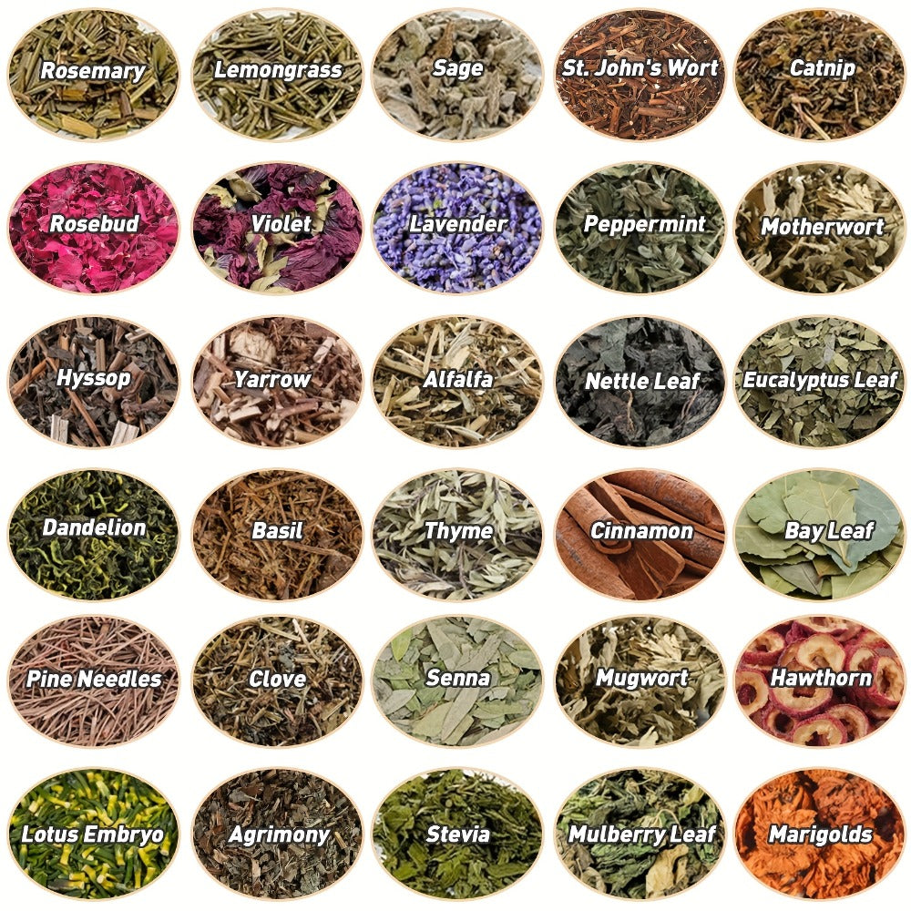 43-Piece Dried Herbs & Flowers Witch Ritual Kit, Sachet Supplies Set with Crystal Spoon, Black Feather & Bell for Pagan Spells