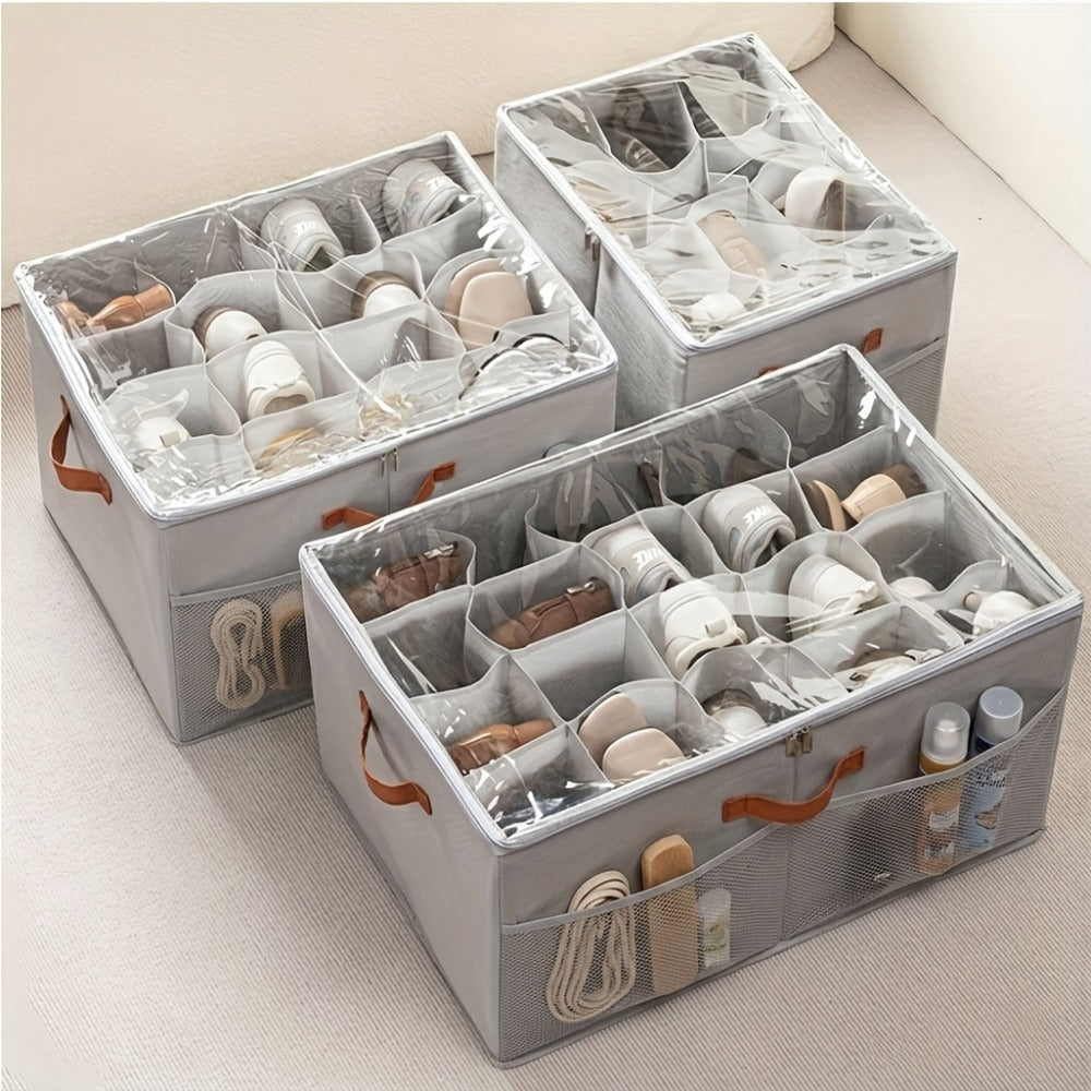 Sixteen-Compartment Foldable Shoe Storage Box with Flip-Top Cover, Side Handles and One- or Two-Piece Sets