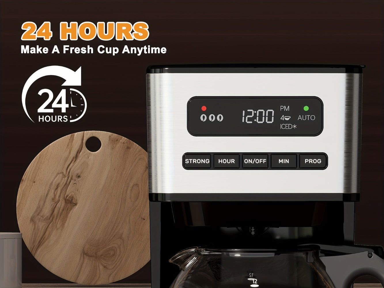 12-Cup Programmable Drip Coffee Maker, Regular & Strong Brew, Iced Coffee Setting, 1-4 Cup Mode, 24H Timer