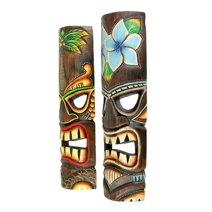 Tiki Wall Masks Set of 2 – Hand Carved Wooden 20" Tropical Decor with Palm Tree & Plumeria Designs for Indoor Outdoor Patio Bar