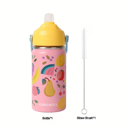 Insulated Stainless Steel Water Cup with Straw | 12oz 340ml, 3D Cartoon Pattern, Double Wall, Handle & Straw Brush – Travel