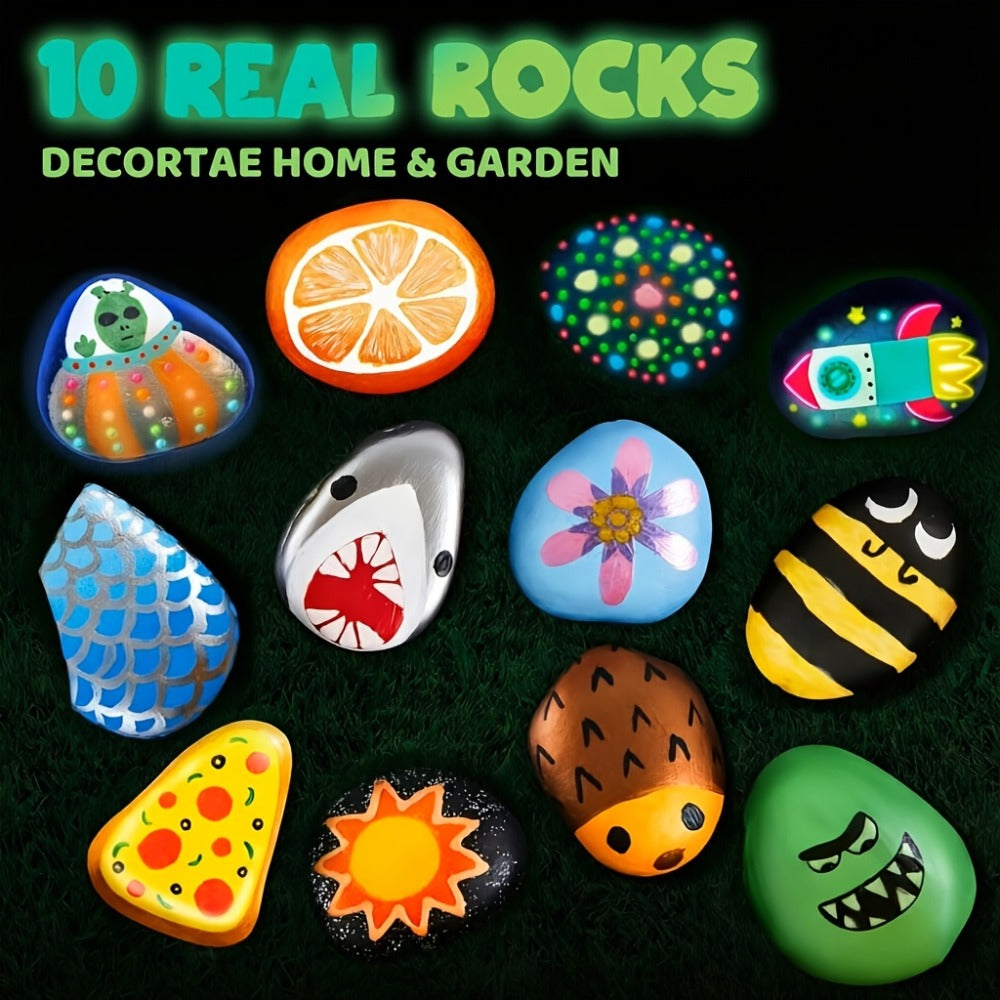 Glow Rock Painting Craft Kit with 10 Rocks, Paints, Brushes, Gems and Stickers in One- or Two-Pack Options
