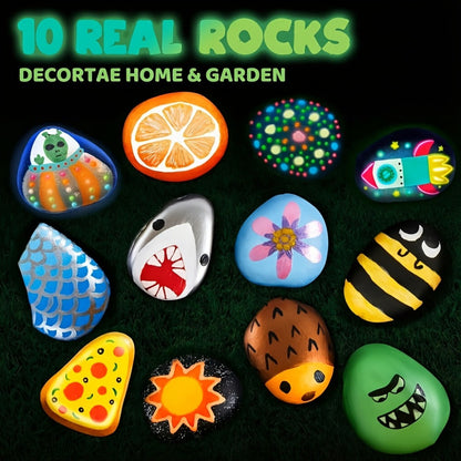 Glow Rock Painting Craft Kit with 10 Rocks, Paints, Brushes, Gems and Stickers in One- or Two-Pack Options