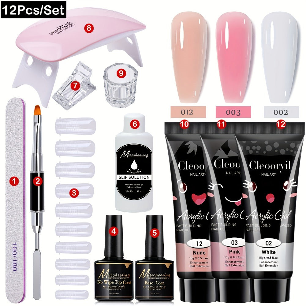 Polygel Nail Kit with LED Lamp 12Pcs Complete Poly Gel Nail Extension Builder Set with Stretch Gel Bicolor Base Coat Finger Sleeves DIY