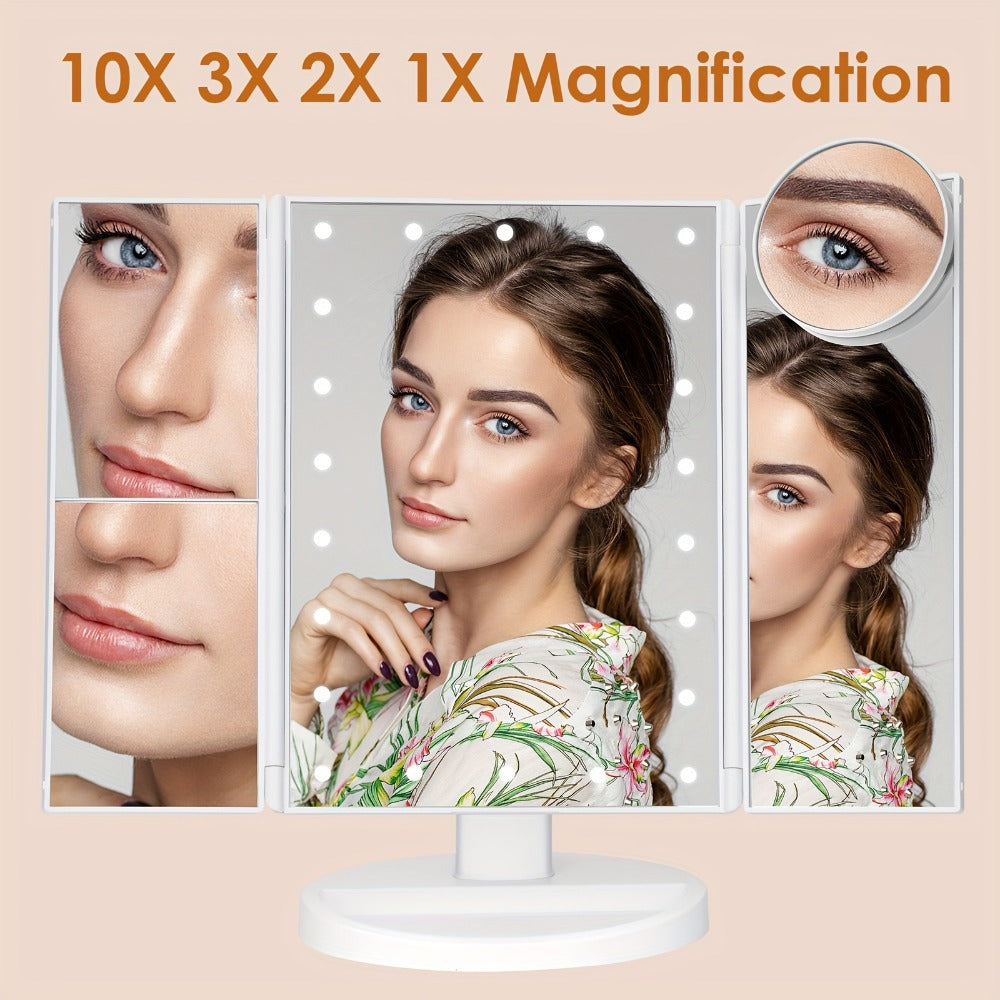 Trifold LED Vanity Mirror with 1X 2X 3X 10X Magnification Touch Screen Adjustable Brightness, for Makeup, Travel and Everyday Vanity Use