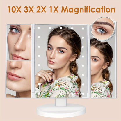 Trifold LED Vanity Mirror with 1X 2X 3X 10X Magnification Touch Screen Adjustable Brightness, for Makeup, Travel and Everyday Vanity Use