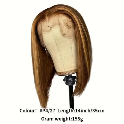 Lace Front Wig P4/27 Honey-Highlight Straight Bob, 8-14 Inch Human Hair with 5x1 Front and 180% Density