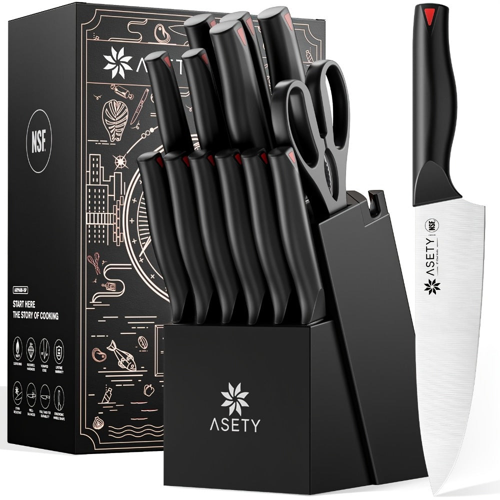 Kitchen Knife Set by ASETY, 15-Piece Stainless Steel Block Set with PP Handles in Two Finish Options