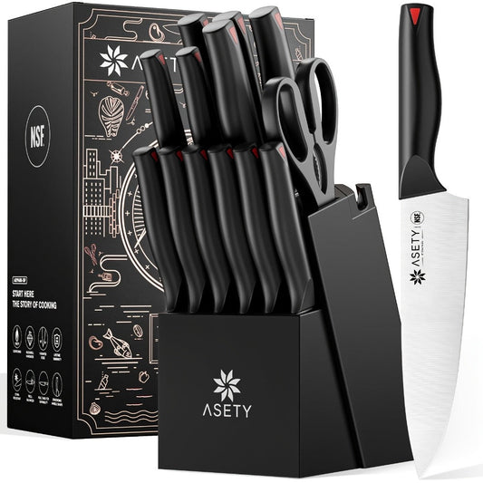 Kitchen Knife Set by ASETY, 15-Piece Stainless Steel Block Set with PP Handles in Two Finish Options
