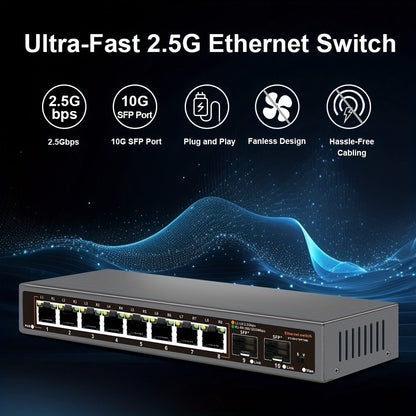 10-Port 2.5G Network Switch with 10G SFP+ Uplink - Fanless Metal Unmanaged Ethernet Switch, 8x 2.5GbE RJ45