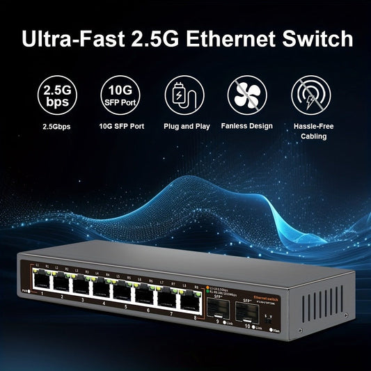 10-Port 2.5G Network Switch with 10G SFP+ Uplink - Fanless Metal Unmanaged Ethernet Switch, 8x 2.5GbE RJ45