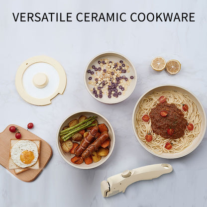 Cookware Set IKTU 5-Piece Detachable-Handle Aluminum Pots and Pans in White, Pink, Beige or Coral Pink