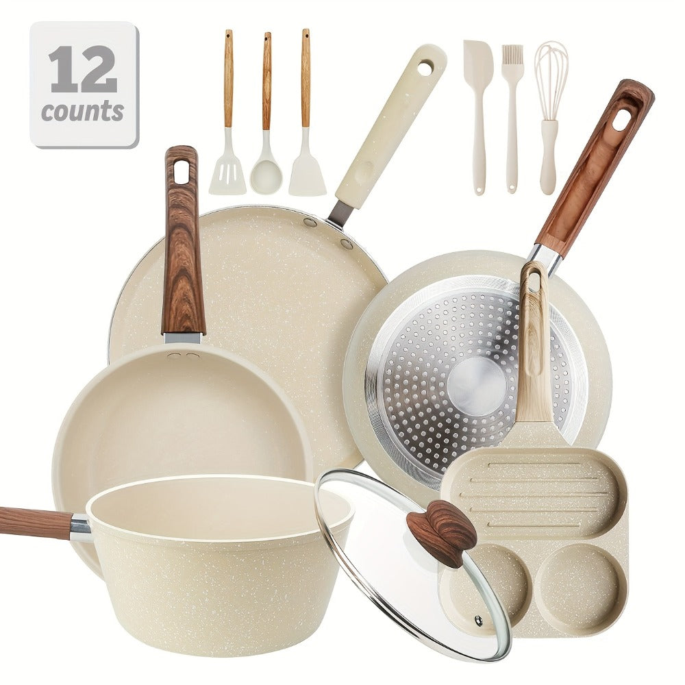 Cookware Set ABKOK 7-, 12- or 15-Piece Beige Pots and Pans with Lids, Steamer and Utensils