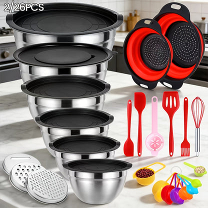 26-Piece Mixing Bowl Set with Six Nested Bowls, Black Lids, Grater Inserts and Kitchen Tools