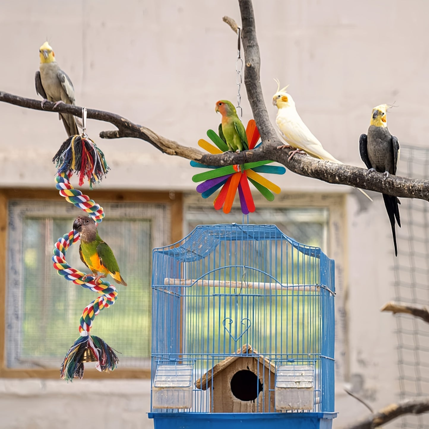 Bird Parrot Toys Set 6 Pieces Handmade Wooden Chew Toys Hammock Swing Perch Cage Accessories for Cockatiels Lovebirds Finches Parakeets