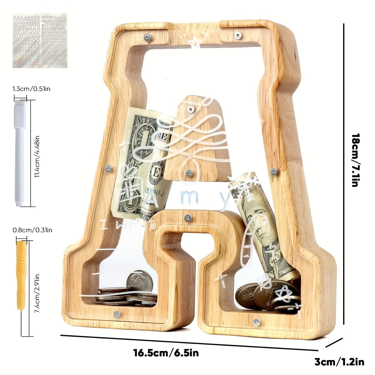 Alphabet Wooden Money Bank for Adults A to Z Letter Piggy Bank – Personalized Coin Bank Home Decor Craft Art Decoration