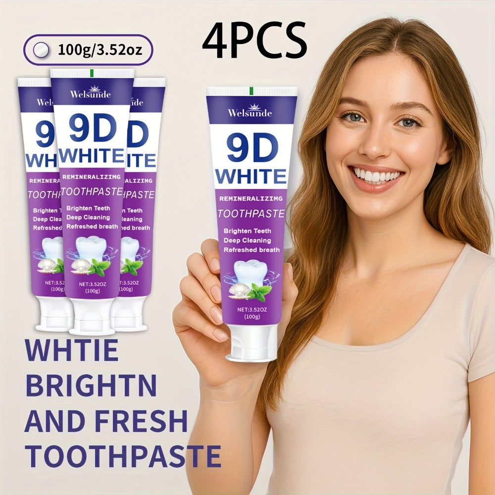 Whitening Toothpaste 4-Pack – 9D White Alcohol-Free Formula, Thorough Deep Cleaning & Brighter Smile, Refreshing Mint Breath
