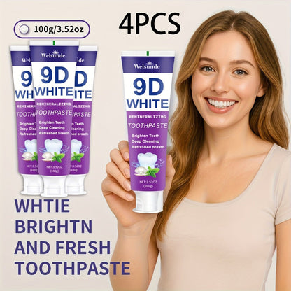 Whitening Toothpaste 4-Pack – 9D White Alcohol-Free Formula, Thorough Deep Cleaning & Brighter Smile, Refreshing Mint Breath