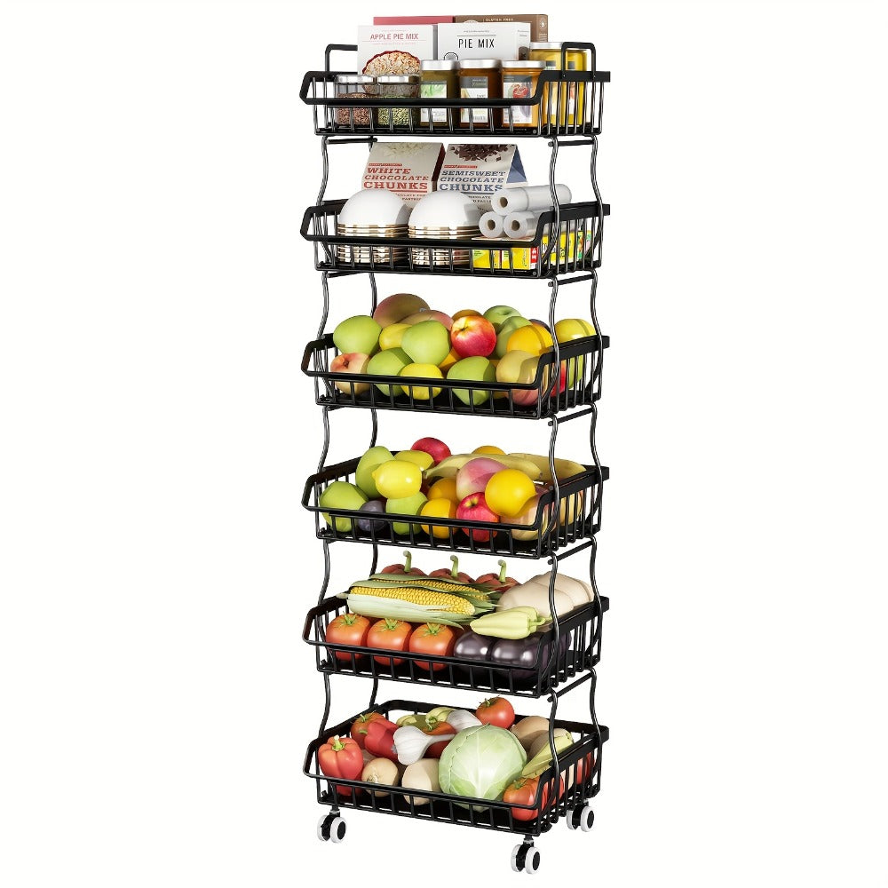 6-Tier Stackable Metal Wire Storage Basket Organizer with Wheels – Rolling Kitchen Pantry Rack for Fruits Vegetables Utensils