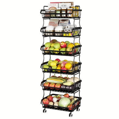 6-Tier Stackable Metal Wire Storage Basket Organizer with Wheels – Rolling Kitchen Pantry Rack for Fruits Vegetables Utensils