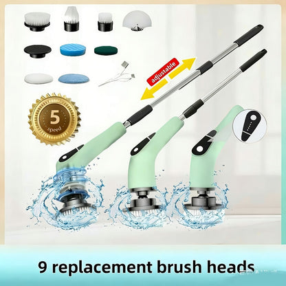 Electric Spin Scrubber with 9 Interchangeable Brush Heads 5 Speed Settings & 3 Extendable for Home Cooking, Dining and Outdoor Meals