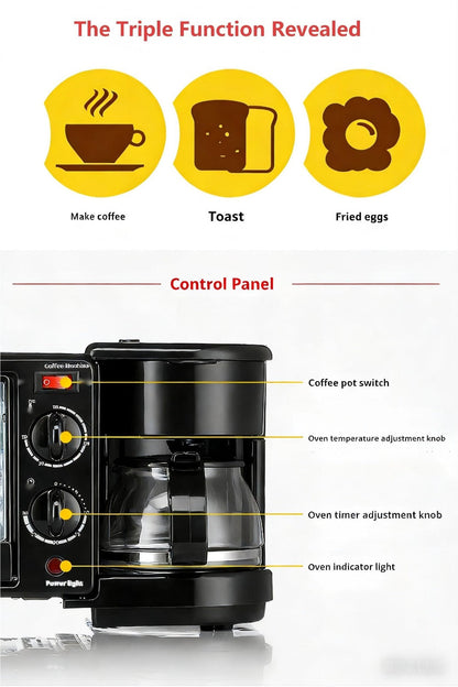 3-in-1 Breakfast Maker Station, Fry Eggs, Toast Bread & Brew Coffee All at Once, Non-Stick Coating