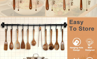 Kitchen Utensils 10-Piece Teak Wood Spoon and Spatula Set with Thickened, Basic and Shovel Configurations