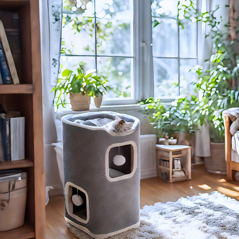 Cat Tree Tower Multi-Level Foldable – Indoor Cat House with Scratch Resistant Post, Soft Top Cat Bed, Cat Hideaway & Bell Ball Toy