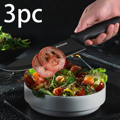 Black Kitchen Knife Set with Three-Piece or 14-Piece Options, Storage Block and Scissors on Larger Package