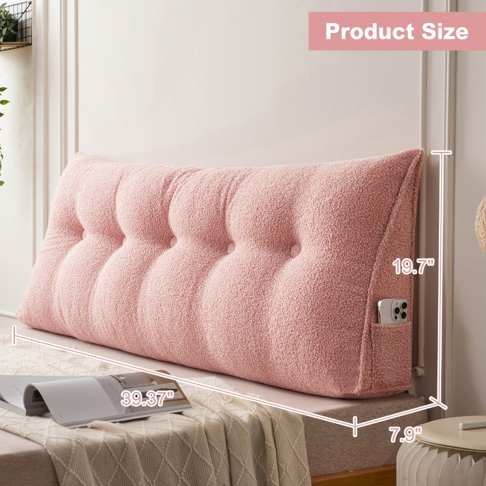 Bed Wedge Pillow Headboard Pillow with Side Pockets Removable Cover Teddy Velvet Reading Pillow Twin Queen King