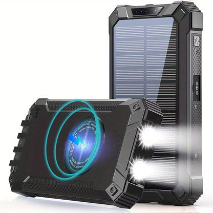 Power Bank Solar 28800mAh or 42800mAh with Wireless Charging, Four Cables and Dual Flashlights