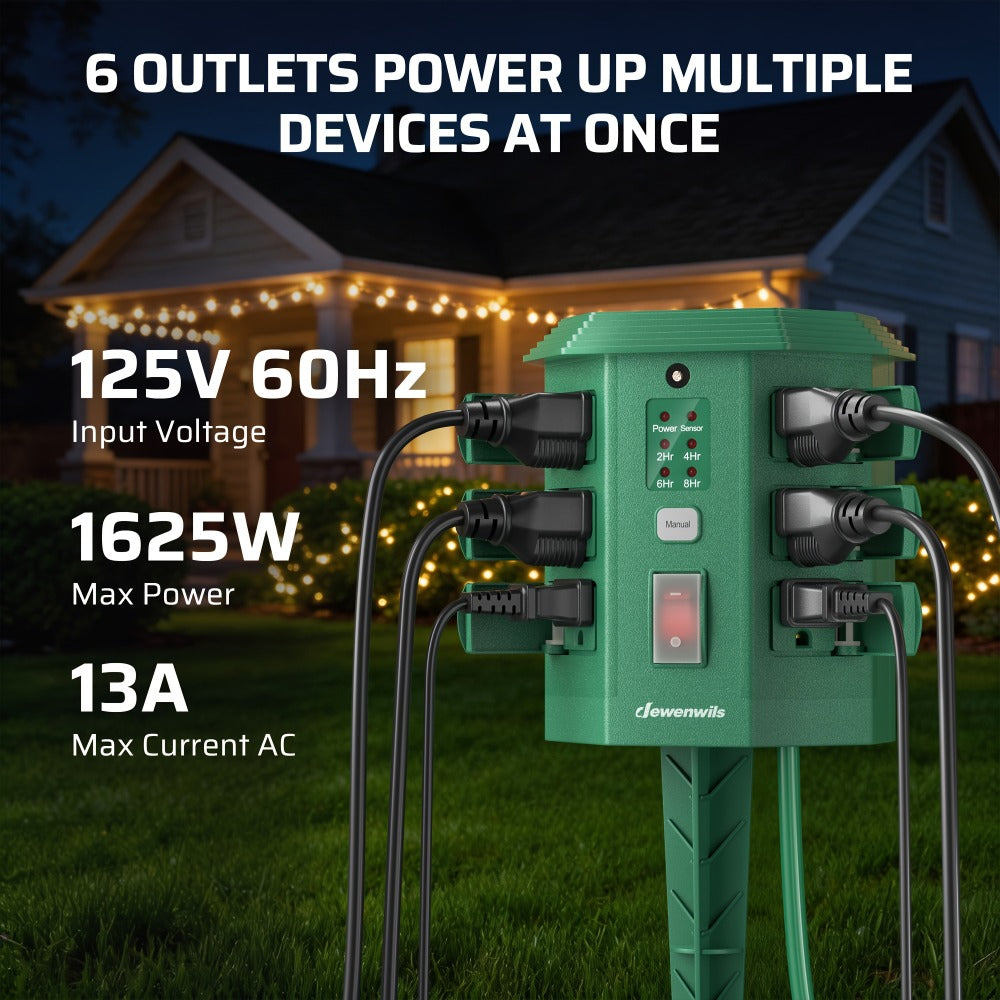 Outdoor Power Stake Timer 6 Outlet, 100FT Wireless Remote Control, Dusk to Dawn Photocell Sensor