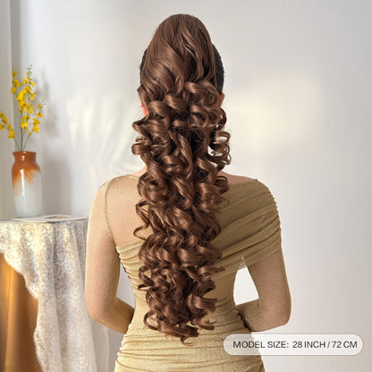 Curly Ponytail Extension 28 Inch Long Heat Resistant Synthetic Clip In Wrap Around Hairpiece Voluminous Bouncy Curls 4 Styles for Women