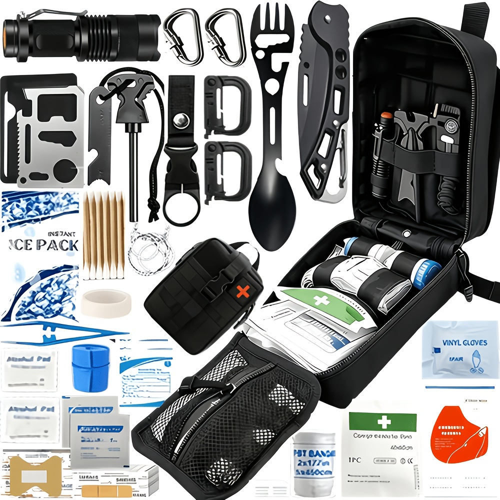 242-Piece Outdoor Tool and First Aid Supply Kit with Four Color-Labeled Zippered Pouch Options
