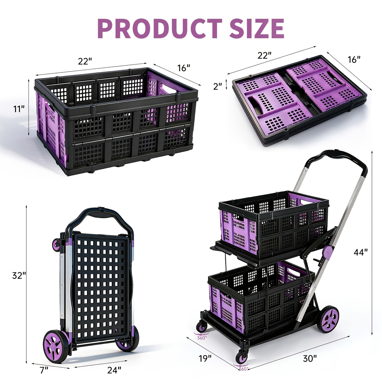 Two Tier Cart with 2 Storage Crates 360° Swivel Wheels, for Garden, Patio and Yard Use, with the Listed Configuration
