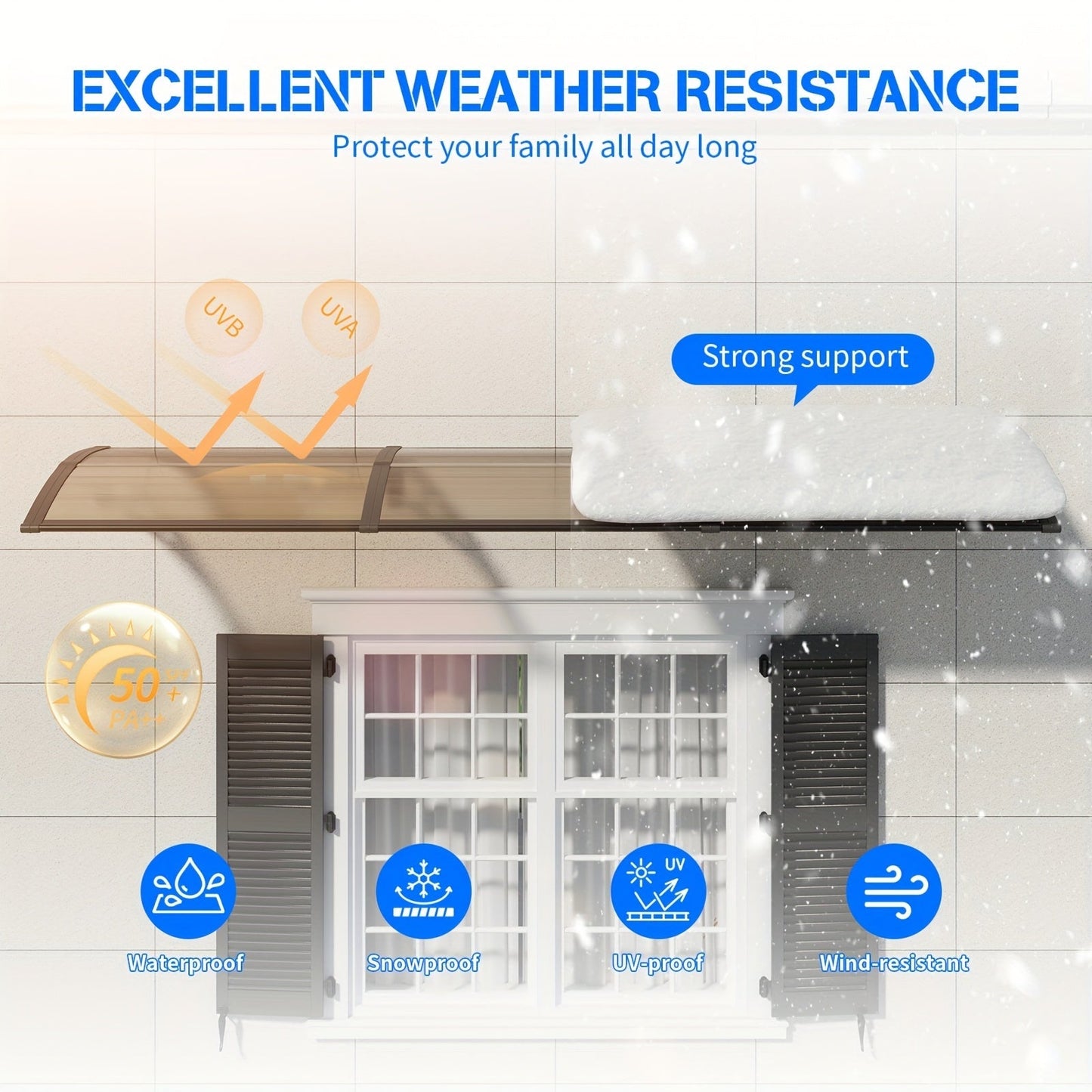 Door Awning Polycarbonate Window Canopy UPF50+ UV Rain Protection for Garden, Patio and Yard Use