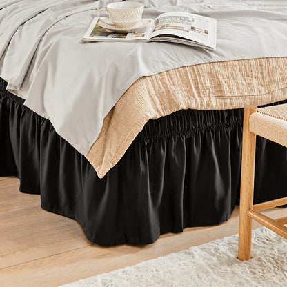 Bed Skirt Elastic Wrap Around Ruffle – 15 Inch Drop Microfiber Dust Ruffle, Adjustable No-Lift Fit, Fade Resistant Machine Washable