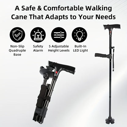 Foldable Walking Cane for Seniors Adjustable Height Folding Stick with Wrist Strap T-Handle for Entryways, Bedrooms and Living Spaces