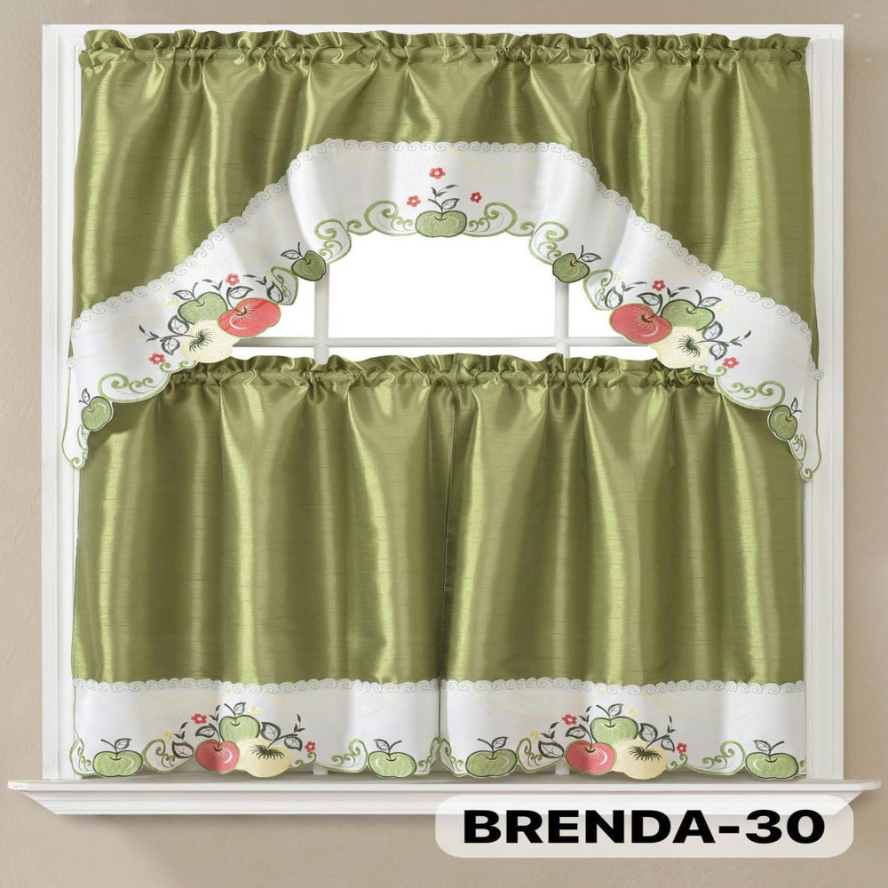 Kitchen Curtains 3 Piece Set Embroidered Satin Valance and Tiers – Rod Pocket Light Filtering Machine Washable 46 Colors