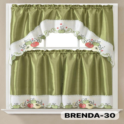 Kitchen Curtains 3 Piece Set Embroidered Satin Valance and Tiers – Rod Pocket Light Filtering Machine Washable 46 Colors