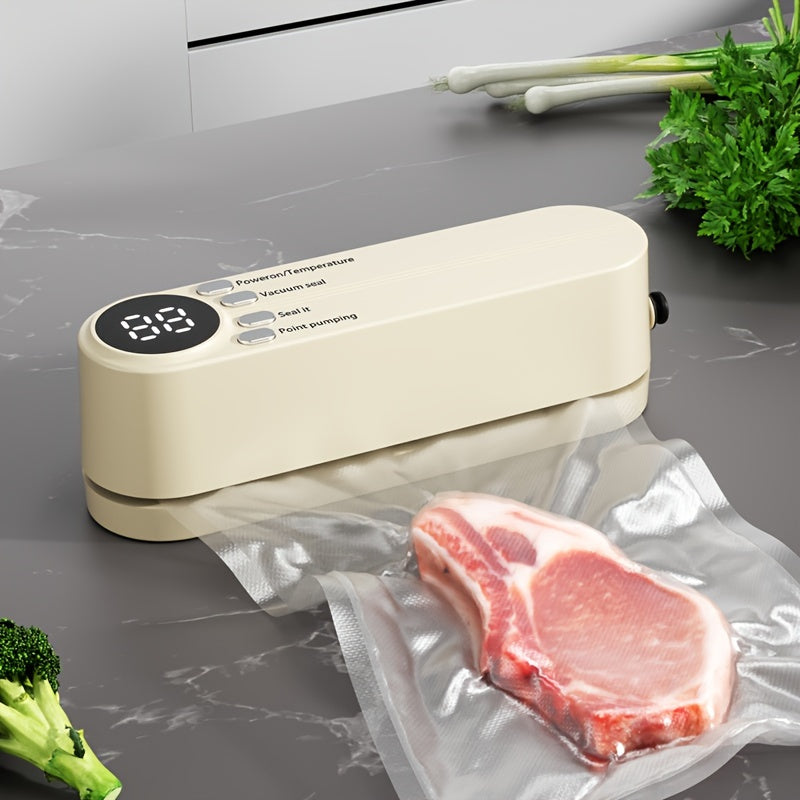 Compact Rechargeable Bag Vacuum Sealer with Digital Display, One-Touch Controls and Beige or Green Finish