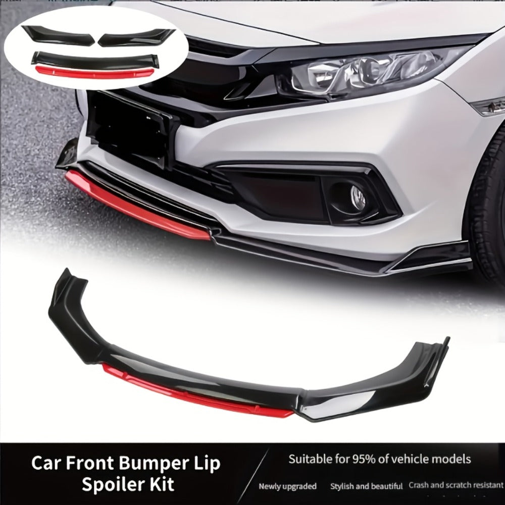 Car Front Lip Spoiler Kit 4pcs Universal ABS Front Bumper Splitter Spoiler Glossy Black Red Accent Aerodynamic Design Easy Clip-On Install