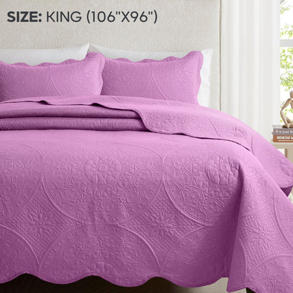Floral-Pattern Three-Piece Bedspread Set in 16 Colors with Twin, Queen, King and California King Sizes