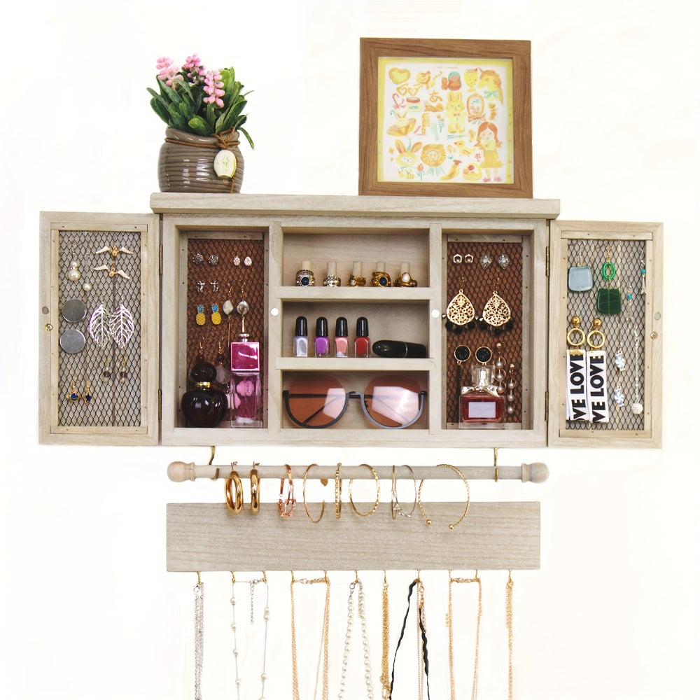 Jewelry Organizer Rustic Wall-Mounted Wood Shelf with Removable Bracelet Rod, Necklace Hooks and Ring Slots