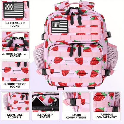 Mini Hiking Backpack 2.38 Gallon Daypack Zipper Closure Hip Strap for Daily Use Fitness Cycling Camping Travel School Strawberry Cat Paw