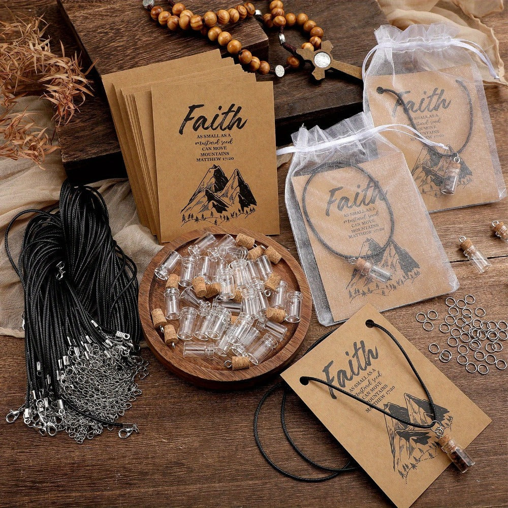 Mustard Seed Faith Necklace Kit 50 Sets - DIY Mini Glass Jar Craft Necklace with Christian Faith Cards